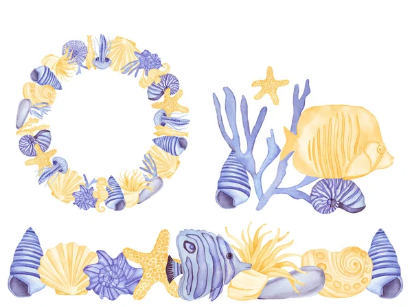 Watercolor Underwater Creatures Frame Violet Fish Sea Shells Sea Horse — Stock Photo, Image