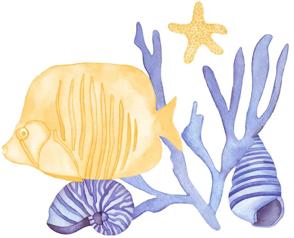 Watercolor Underwater Creatures Composition Yellow Fish Sea Shells Sea Star — Stock Photo, Image