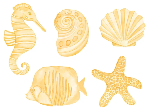 Aquarela Criaturas Subaquáticas Peixes Amarelos Conchas Marinhas Peixes Estrela Amarela — Fotografia de Stock