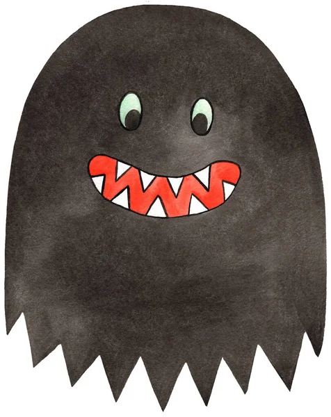 Watercolor Children Black Ghost, Halloween Smile BOO with eyes and tooth isolated — Stock Photo, Image