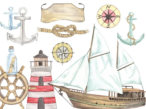 Vodní barva Moře Námořní navigační set s lodí, kotvy, láhev a maják — Stock fotografie