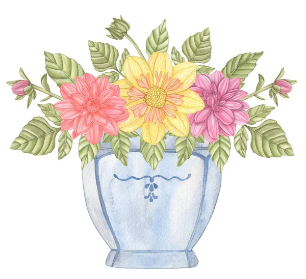 Watercolor Bouquet Dahlia Flowers Leaves Blue Ctramic Vase Isolated White — Foto de Stock