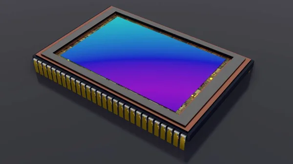 Sensor de câmera digital moderna. vista lateral superior, superfície da matriz iridescente — Fotografia de Stock