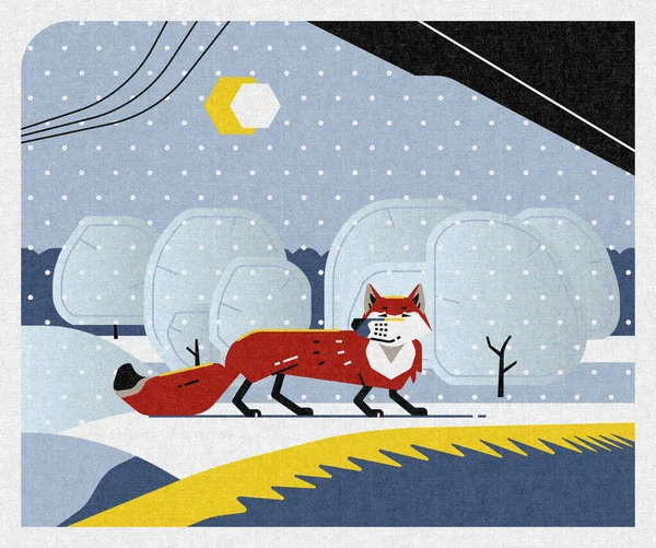冬天的卡通狐狸,孩子们书画风格 — 图库照片