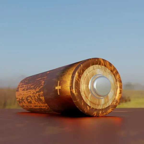 Деревянная батарея АА на открытом воздухе концепция новых экологических источников энергии, стиль жизни 3D рендеринг — стоковое фото