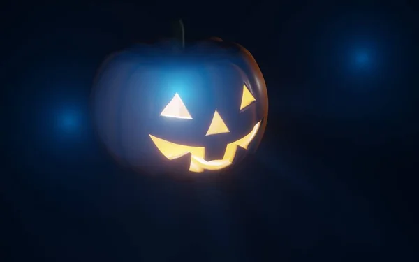 Labu halloween dengan cahaya mistis di malam hari, render 3D — Stok Foto