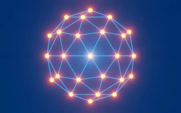 Attacco di punti luminosi aka atomi - concetti di fisica, rete. rendering 3D, sfondo blu — Foto Stock