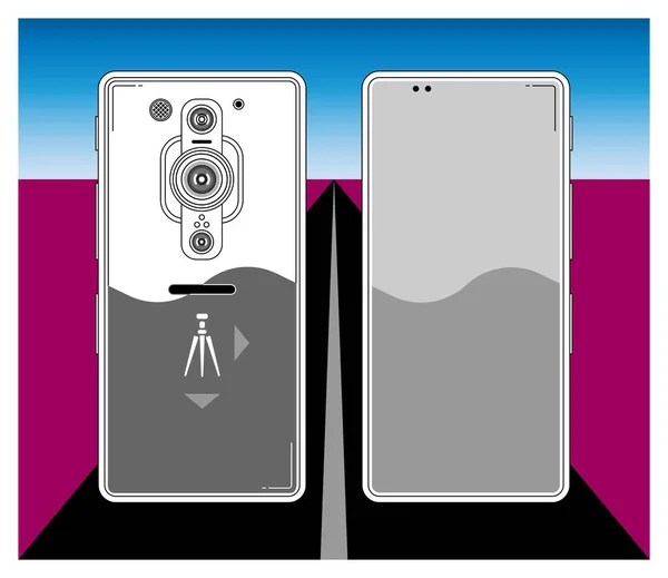 Smartphone pour photographe de voyage pro, concept art minimaliste, faces avant et arrière — Image vectorielle