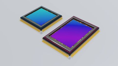 İki dijital kamera, akıllı sensörler 1: 1 ve 3: 2 biçimler, üst taraf görünümü, yanardöner matris yüzeyi, beyaz üzerinde izole edilmiş, 3 boyutlu görüntüleme