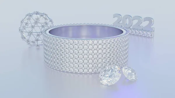 Carte postale du Nouvel An avec diamants, bijoux, bague et porte-clés 2022 ainsi qu'un icosaèdre décoré de diamants, rendu 3D — Photo