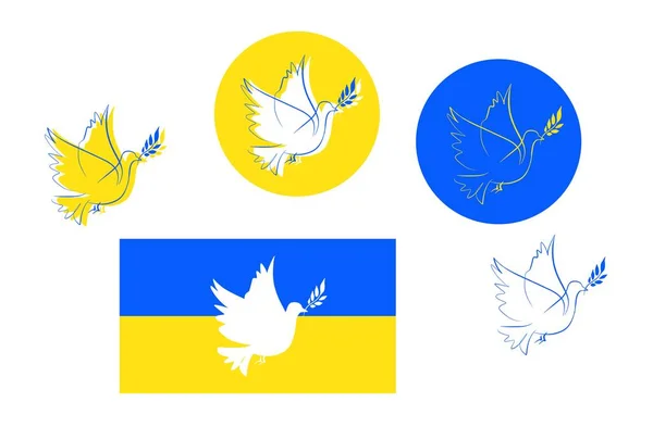 Fred för Ukraina koncept skisser i form av klistermärken, Ukrainska flagga med duva av fred siluett — Stock vektor