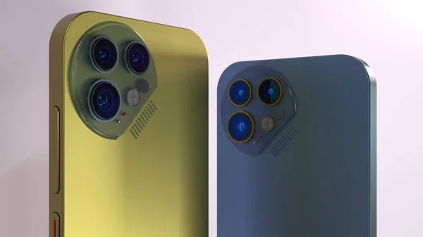 Vue rapprochée des modules d'objectifs d'appareils photo numériques de smartphones métalliques jaunes et bleus, modèle 3D, rendu 3D — Photo