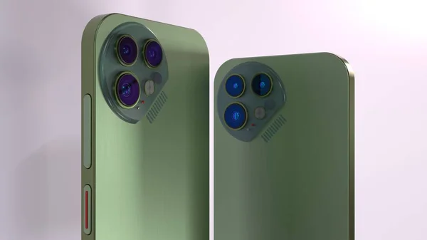 Close up view of digital camera lenses modules of two green colored metal smartphones, 3D model, 3D rendering — Stock Photo, Image