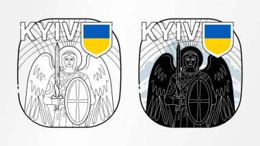 Aziz Mikail, Kyiv şehrinin koruyucu azizi, konsept minimalist grafik sanat, sembol, iki siyah beyaz baskı, Ukrayna bayrağı renkleri - sarı ve mavi