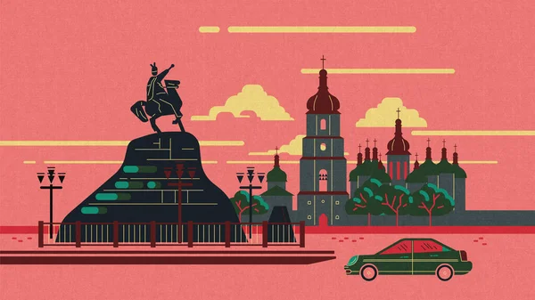 Kyiv célèbres visites, Cathédrale Sainte-Sophie, Bogdan Khmelnitsky Monument au coucher du soleil, minimaliste ui - ux flat icon layout style — Photo