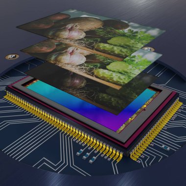 HDR photography principle explanation - normal, overexposed and underexposed image layers and digital camera sensor on printed circuit board with close-up, 3D rendering clipart