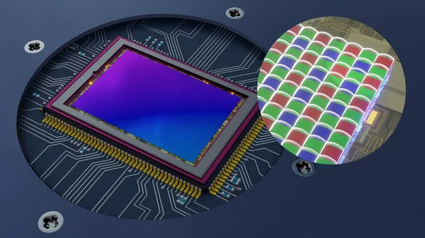 Crop of enlarged digital camera back-illuminated sensor at corner and full view modern digital photograpgy matrix. Microlences, photodiodes, colour bayer filters, metal wiring. 3D rendering — Fotografia de Stock