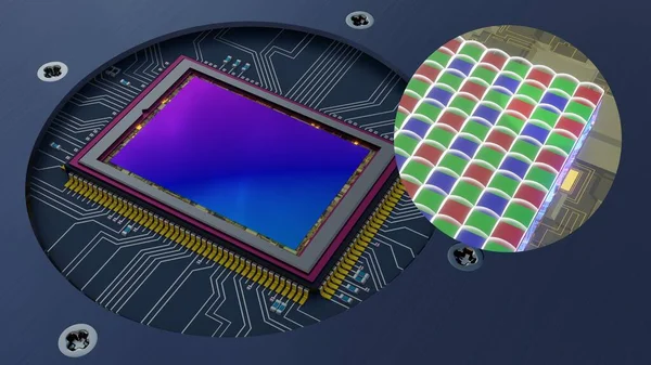 Crop of enlarged digital camera back-illuminated sensor at corner and full view modern digital photograpgy matrix. Microlences, photodiodes, colour bayer filters, metal wiring. 3D rendering — Stock Photo, Image