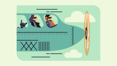 Uçak burnu, pervane, pilot ve yolcu, minimalist düz ikon tarzı çizgi film. Pencerede bir köpek - hayvanla seyahat ediyor.