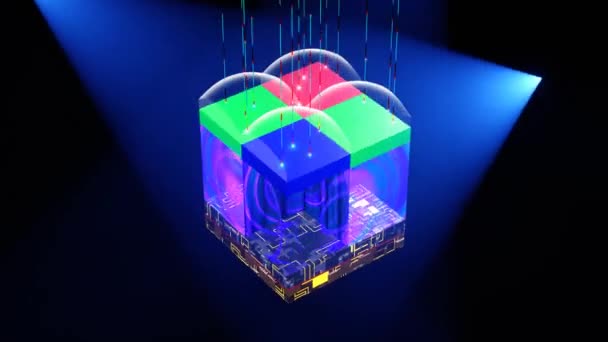 Back-illuminated sensor principle demonstration, microlences, photodiodes, colour bayer filters, metal wiring. With rays of light from top. 3D rendering — 비디오