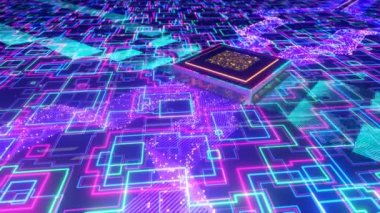 Modern yapay zeka işlemcisi ana kart üzerinde çalışıyor, veri akışı, parçacıklar ve dalgalar, parlayan enerji akışı, 3D görüntüleme