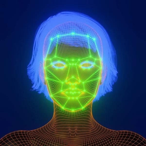 Face recognition mask and 3D face with wire glow effect, AI technology key points, 3D rendering