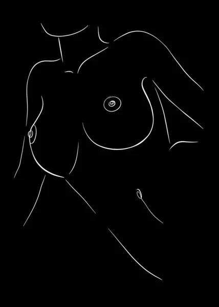Woman Torso Beautiful Breasts Made Few White Lines Black Background — Vetor de Stock