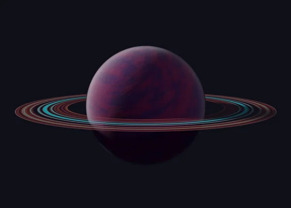 Saturn like sci-fi planet with rings, 3D rendering, isolated on dark background, side view
