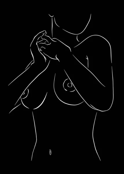 Woman Torso Beautiful Breasts Hands Face Made Few White Lines — Stock Vector