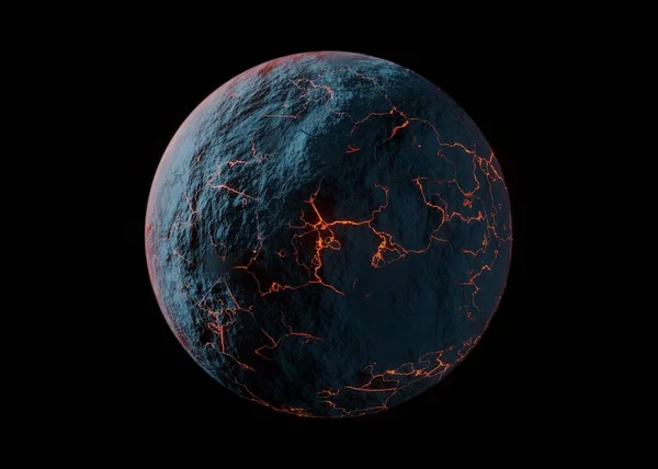 Sci-fi planet clip art with lava rivers from volcanic activity, 3D rendering
