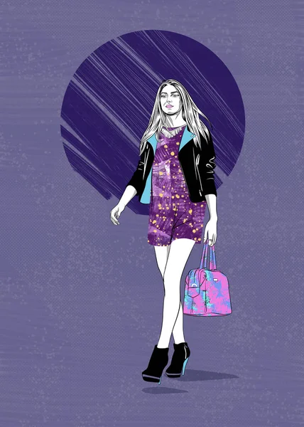 Woman Violet Dress Walking Street Fashion Fashion Illustration — Photo