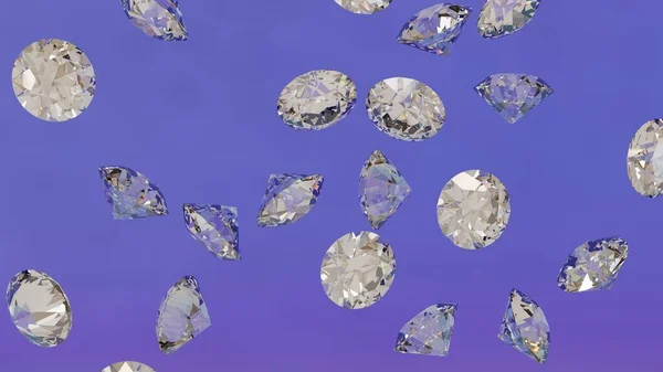 Diamonds against blue violet gradient, diamond rain, 3D rendering