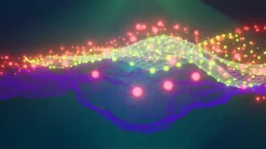 Digital line landscape in motion. Tech background. Glowing math surface wireframes with lights in motion. Futuristic world. 3D rendering.