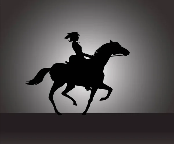 Beautiful Woman Retro Dress Riding Horse Gait Side View Black — Vector de stock