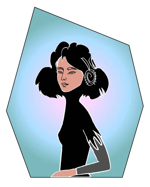 Дівчина Чорним Волоссям Навушниках Малюнок Вручну — стоковий вектор