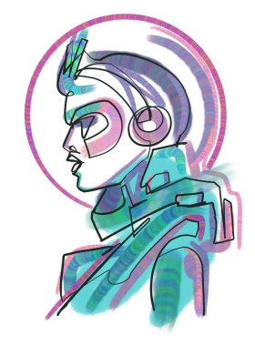 Uzay elbisesi içindeki kadın-astronot profili, minimalist konsept portresi