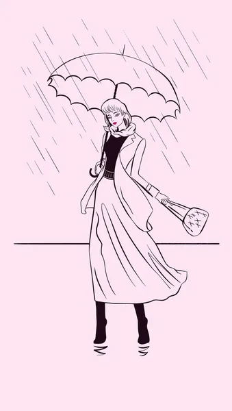 Mujer Hermosa Elegante Delgada Moda Con Paraguas Bajo Lluvia Revestimiento — Vector de stock