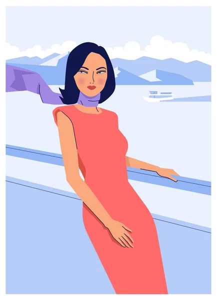 Stylish Woman Sea Voyage Minimalist Flat Style Fashion Illustration Summer — Stock Vector
