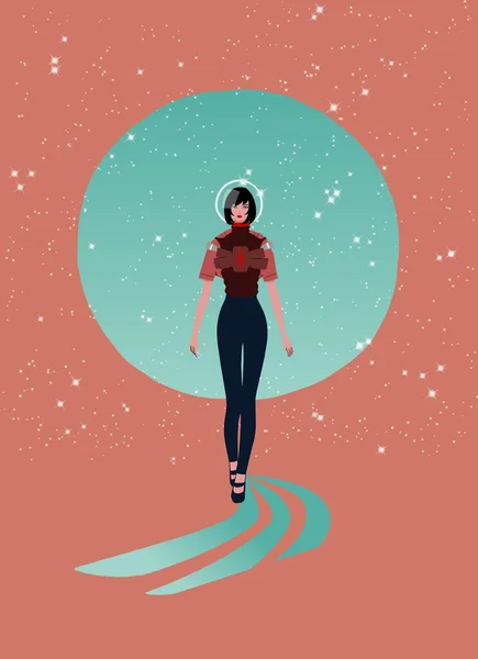 太空时尚走道走道 未来派时尚图解 网络时代的女人 未来派机器人风格的西服 站在讲台上与行星和星星相映成趣 — 图库照片