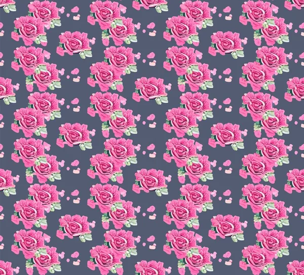 Seamless Pattern Made Pink Roses Flowers Leaves Gray — Stock Vector