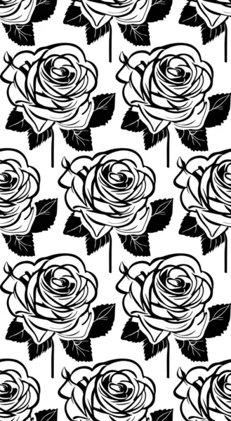 Бесшовный Рисунок Линии Черных Ручных Роз Цветы Листьями Стебель Белом — стоковый вектор