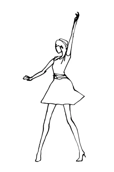 Femme Dessinée Main Dansant Minimalis Clipart Sketch Ligne Noire Isolée — Image vectorielle