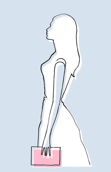 Perfil Mujer Pie Con Libro Ilustración Minimalista Dibujada Mano — Vector de stock