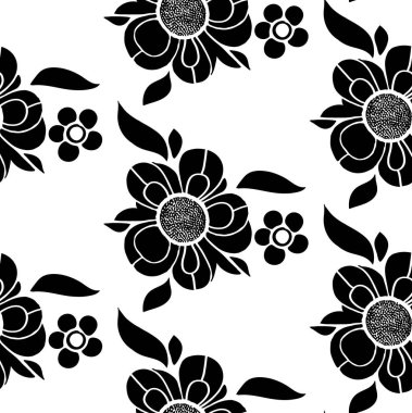 Beyaz üzerine siyah el çizilmiş çiçeklerden yapılmış kusursuz çizgiler.