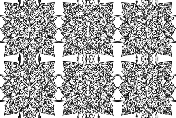 Modèle Art Ligne Sans Couture Fait Fleurs Fleurs Noires Dessinées — Image vectorielle