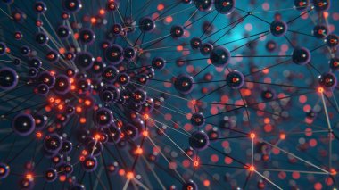 Mikroskobik yaşam, sıvıdaki organik molekül, 3D işleme, top atomlarının moleküler yapısı ve bileşik çubuklar görünür, kinetik hareket