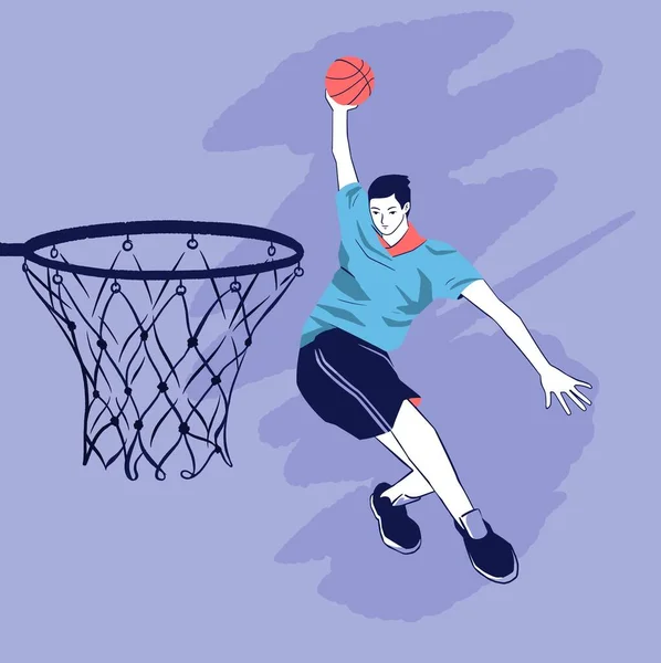 Hombre Jugando Baloncesto Ilustración Minimalista Estilo Plano Red Baloncesto Pelota — Vector de stock