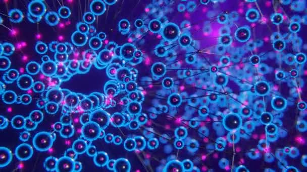 微視的生命 液体中の有機分子 3Dレンダリング ボール原子と化合物ロッドの分子構造が見える 運動運動 サイバーパンクの着色 — ストック動画