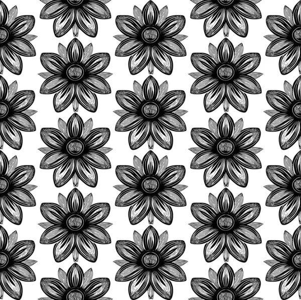 Patrón Arte Línea Inconsútil Hecho Flores Negras Dibujadas Mano Blanco — Vector de stock