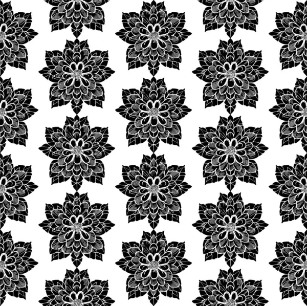 Modèle Art Ligne Sans Couture Fait Fleurs Fleurs Noires Dessinées — Image vectorielle